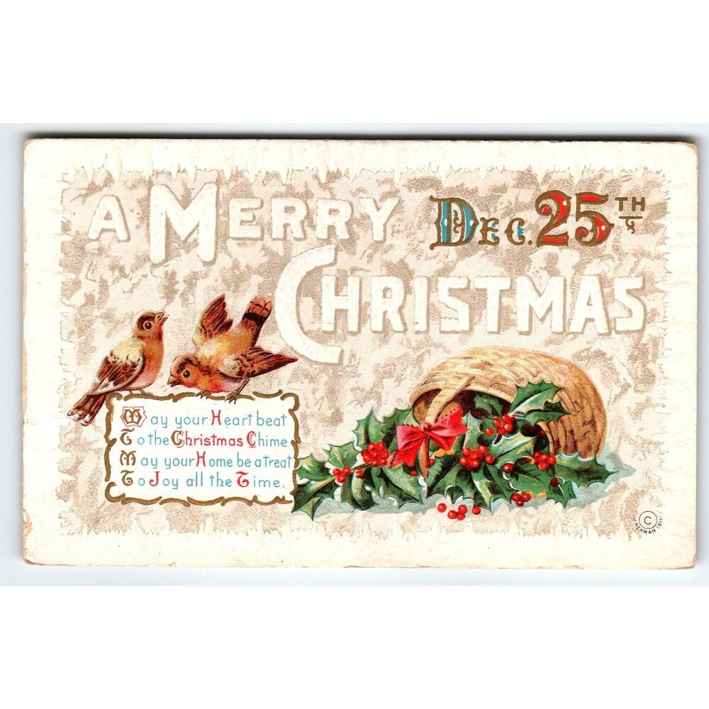 Vintage 1911 Embossed Christmas Postcard Birds & Holly Basket